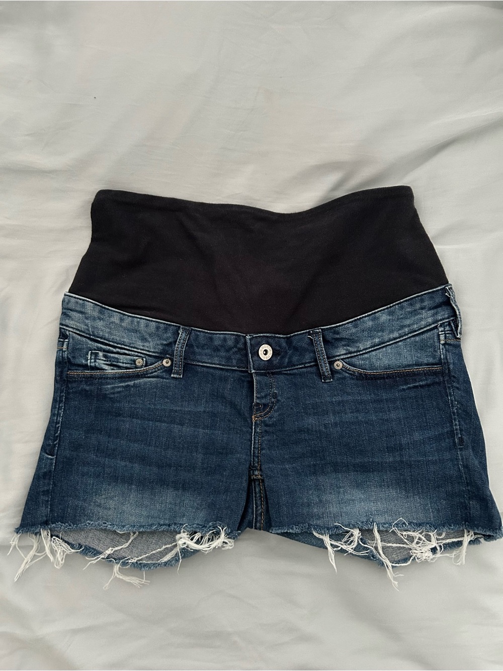 H&M Dark Blue Denim Maternity Shorts with Navy Stretch Waistband